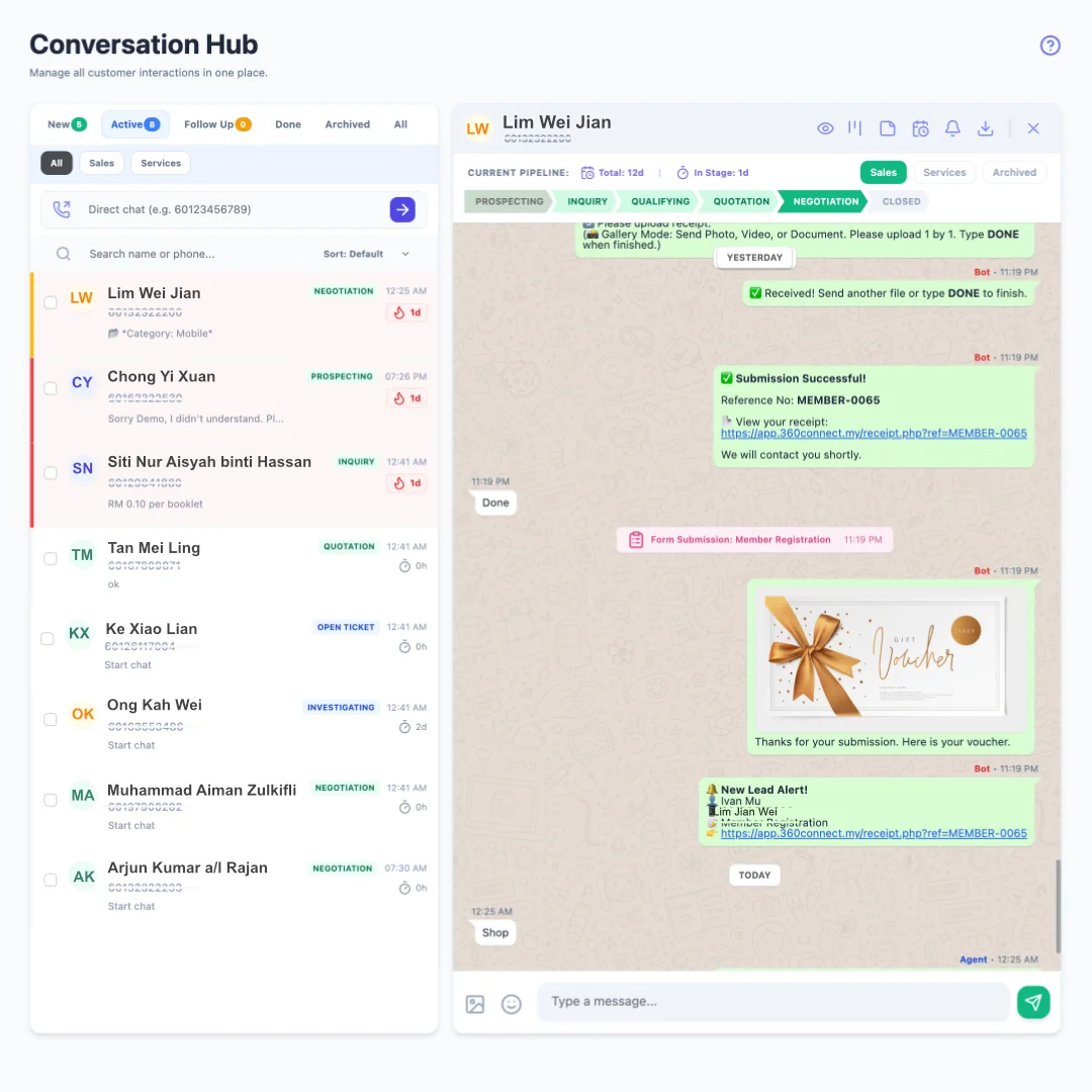 Conversation Hub · Inbox interface detail