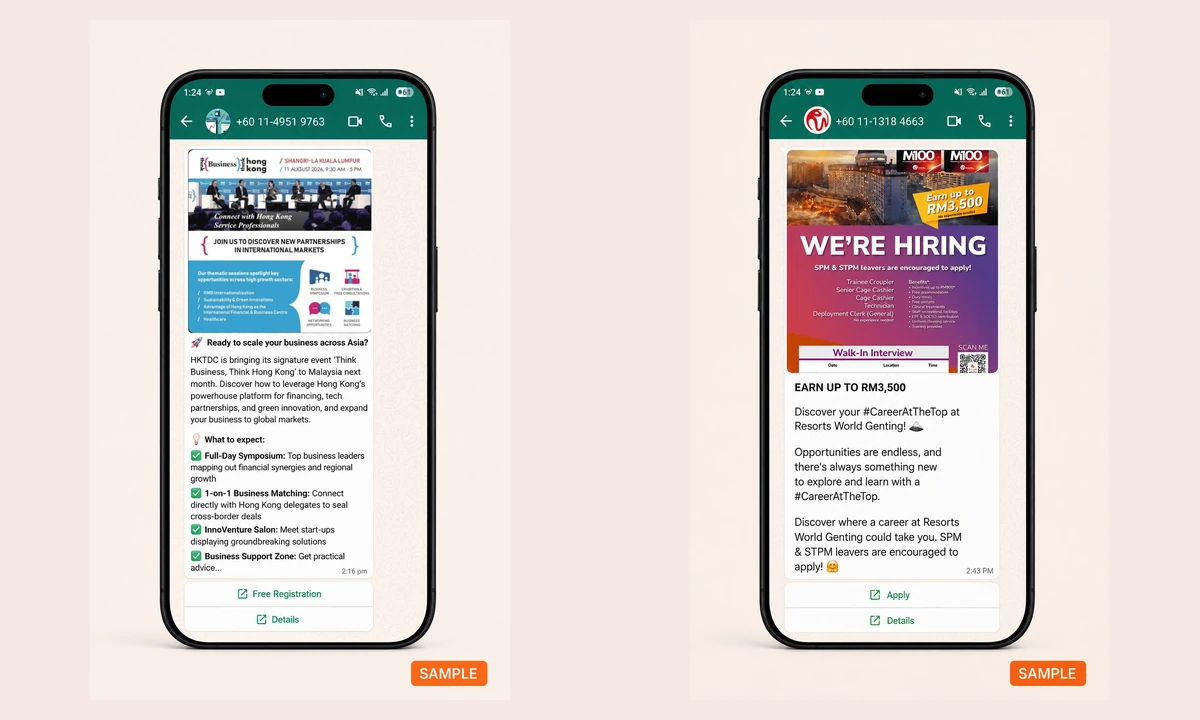 Published Local Action campaign samples showing Malaysia +60 senders and action buttons