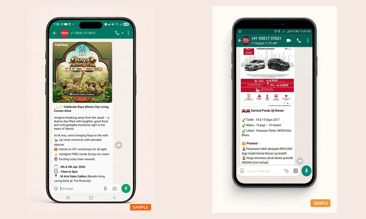 Published Mah Sing and Nissan promotional messages with mixed campaign sender IDs