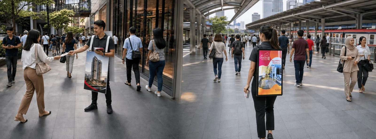 Street flyer handouts with sandwich-board and walking LED formats