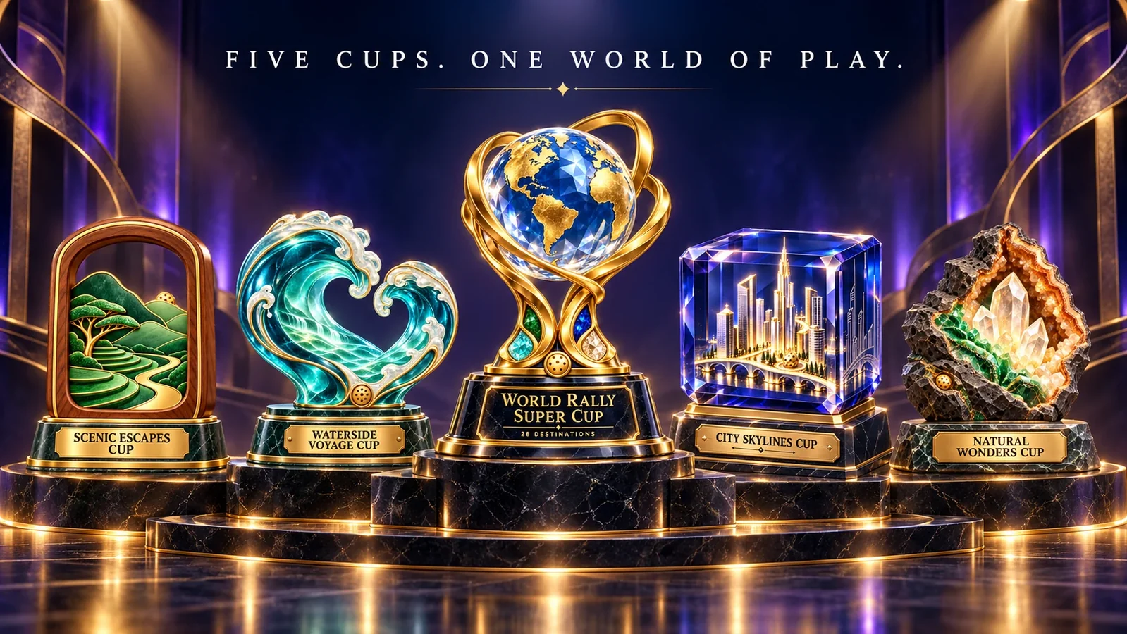 Super Rally five solo Cup trophies